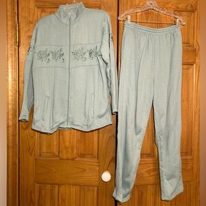 EUC Vintage Bonnie Evans Sport Fleece Embroidered Top Cardigan Pant Set Size L
